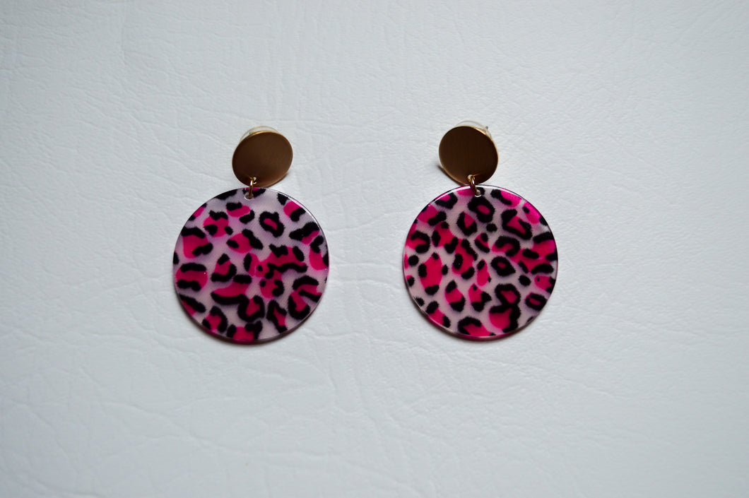 Pink Leopard Disk Earrings